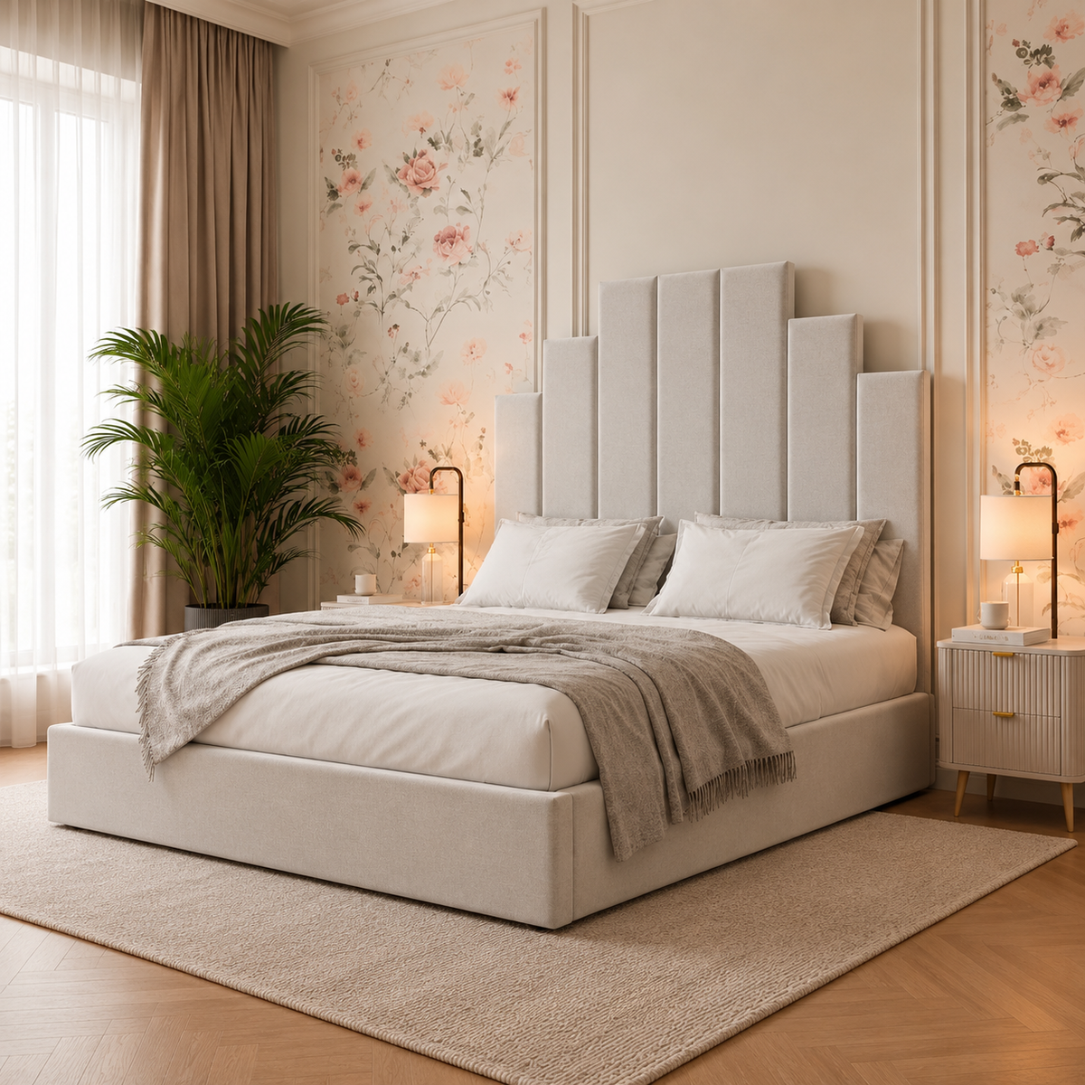 Rosalind Contemporary Upholstered Bed, opposite angle – room visualisation