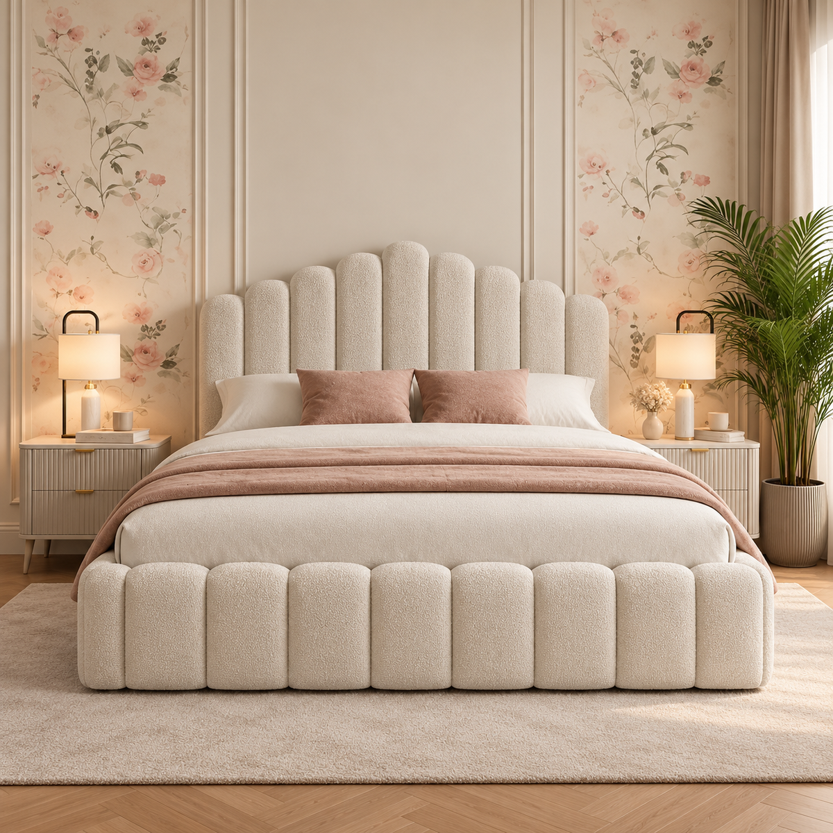 Serena Modern Luxury Upholstered Bed, front view – room visualisation
