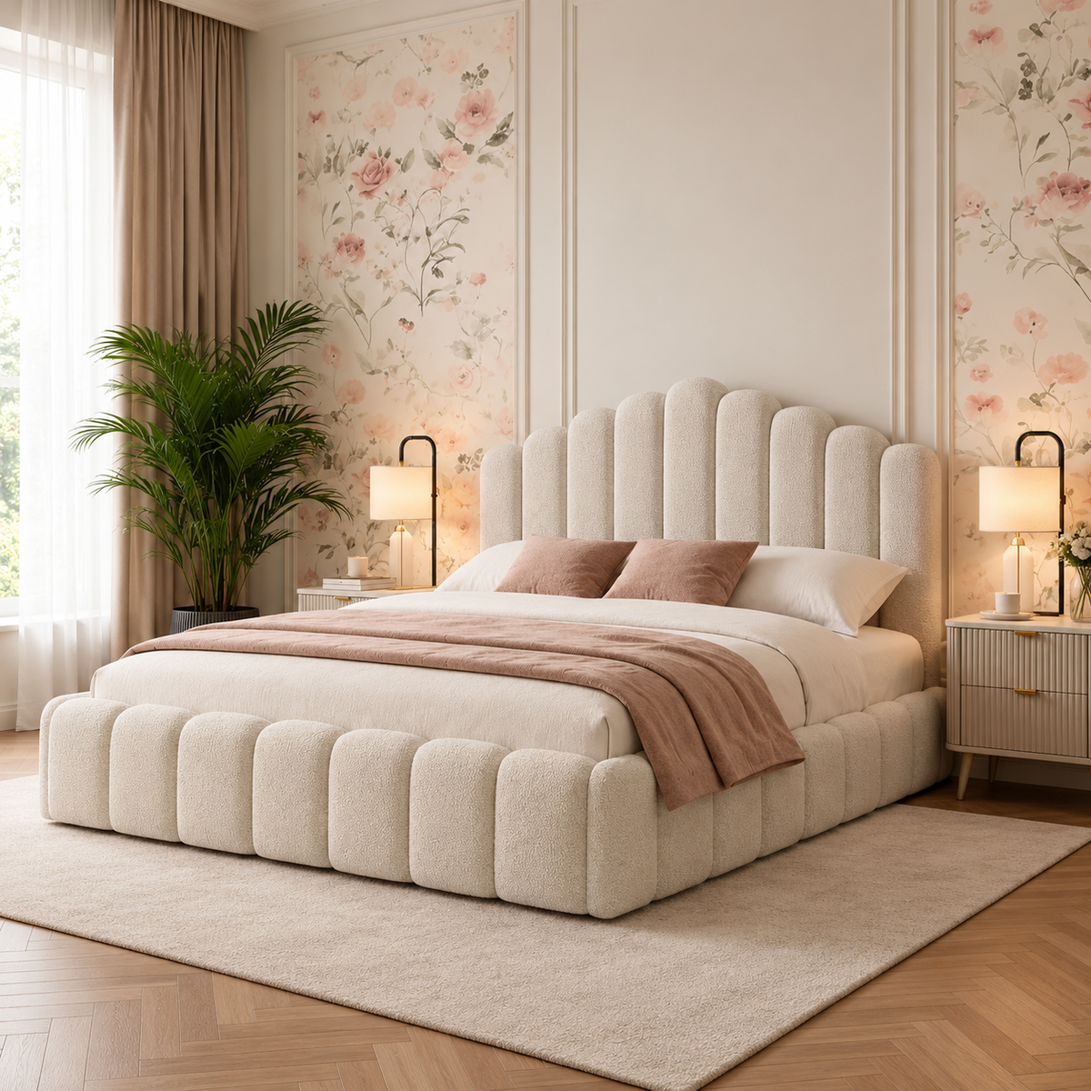 Serena Modern Luxury Upholstered Bed, opposite angle – room visualisation