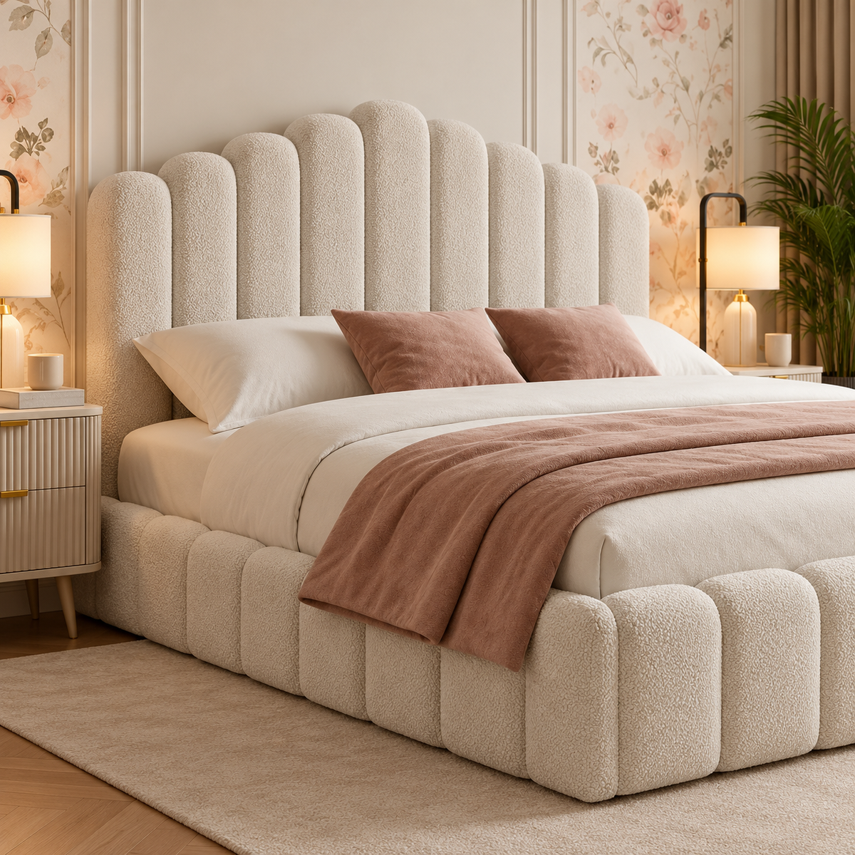 Serena Modern Luxury Upholstered Bed, headboard detail – room visualisation
