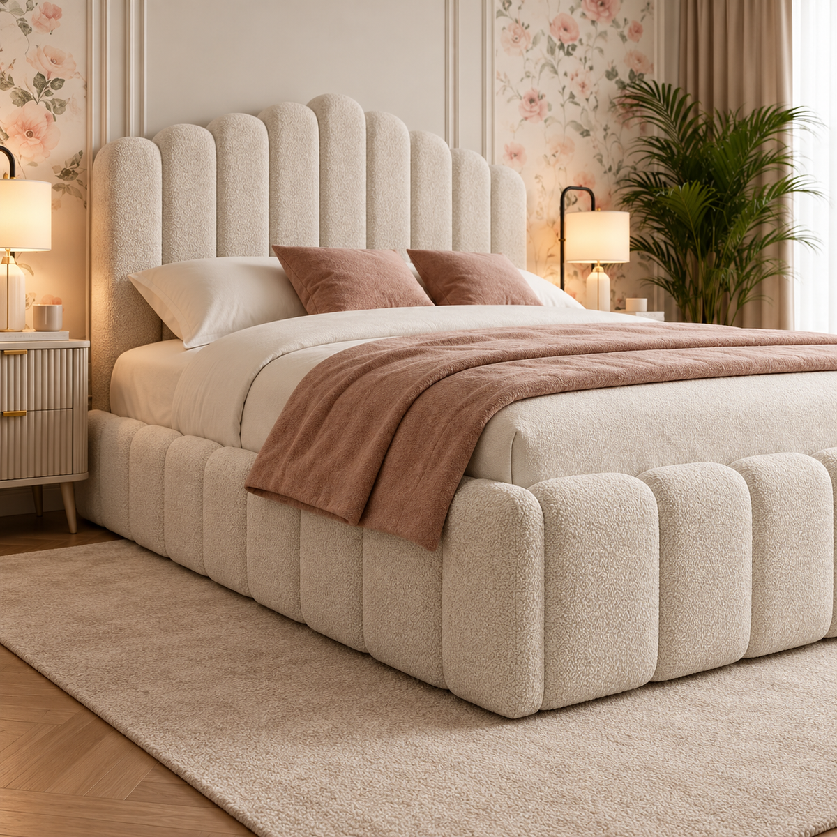 Serena Modern Luxury Upholstered Bed, footboard and side detail – room visualisation