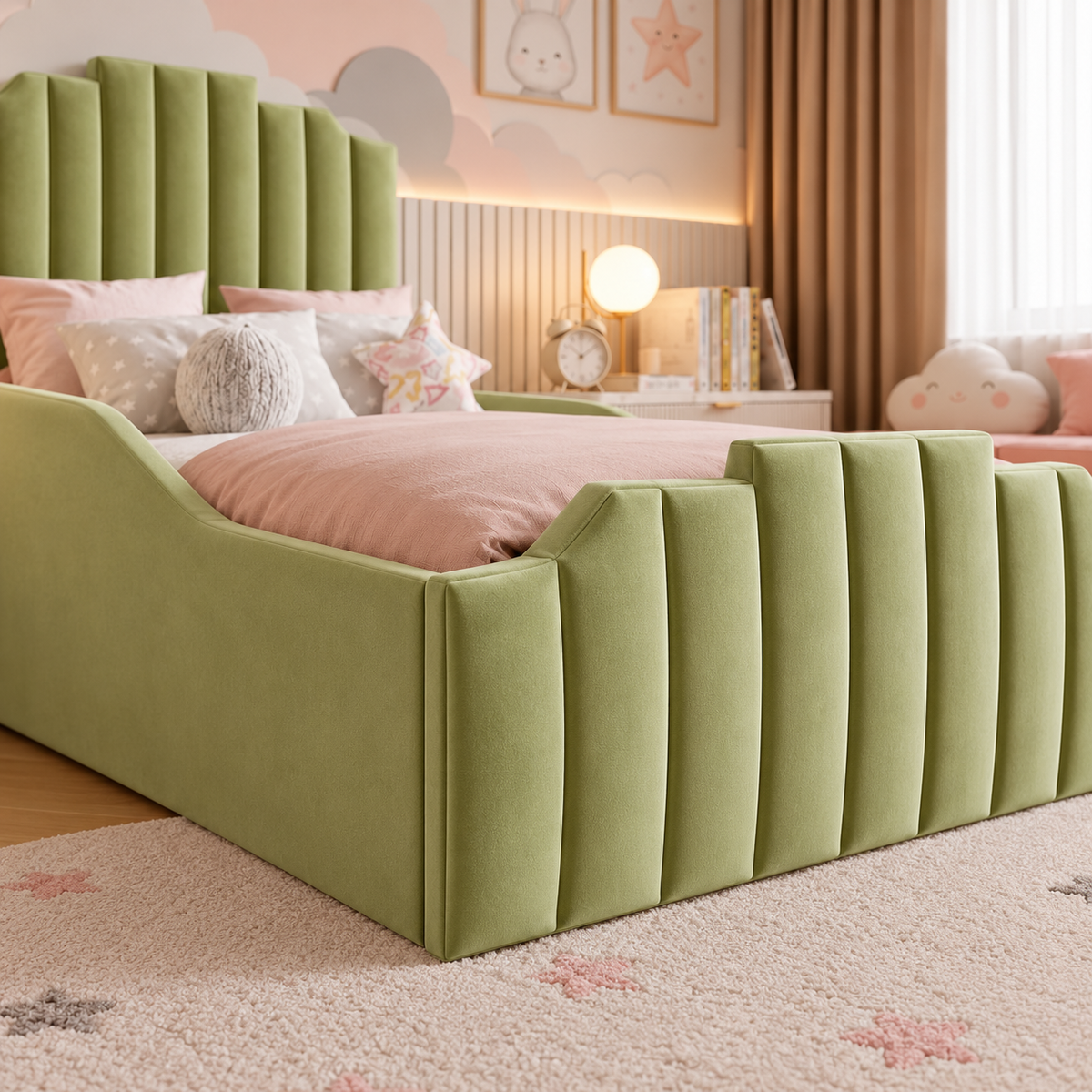 Starlight Kids Fabric Bed, footboard and side detail – room visualisation