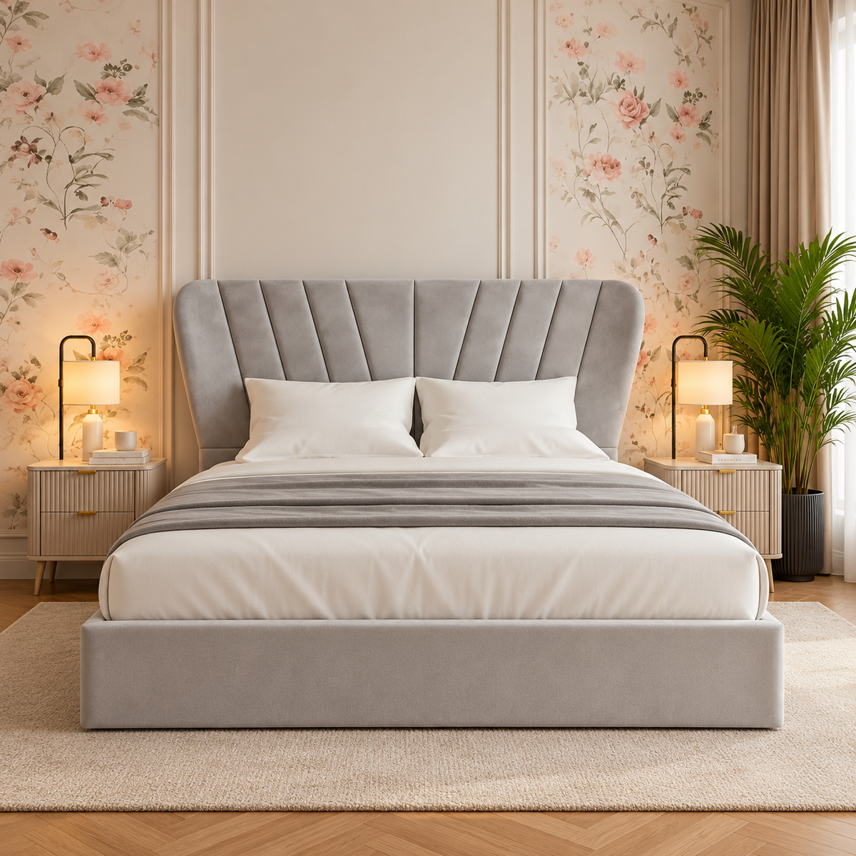 Vienna Contemporary Upholstered Bed, front view – room visualisation
