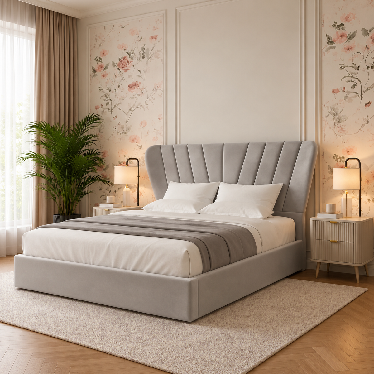 Vienna Contemporary Upholstered Bed, opposite angle – room visualisation