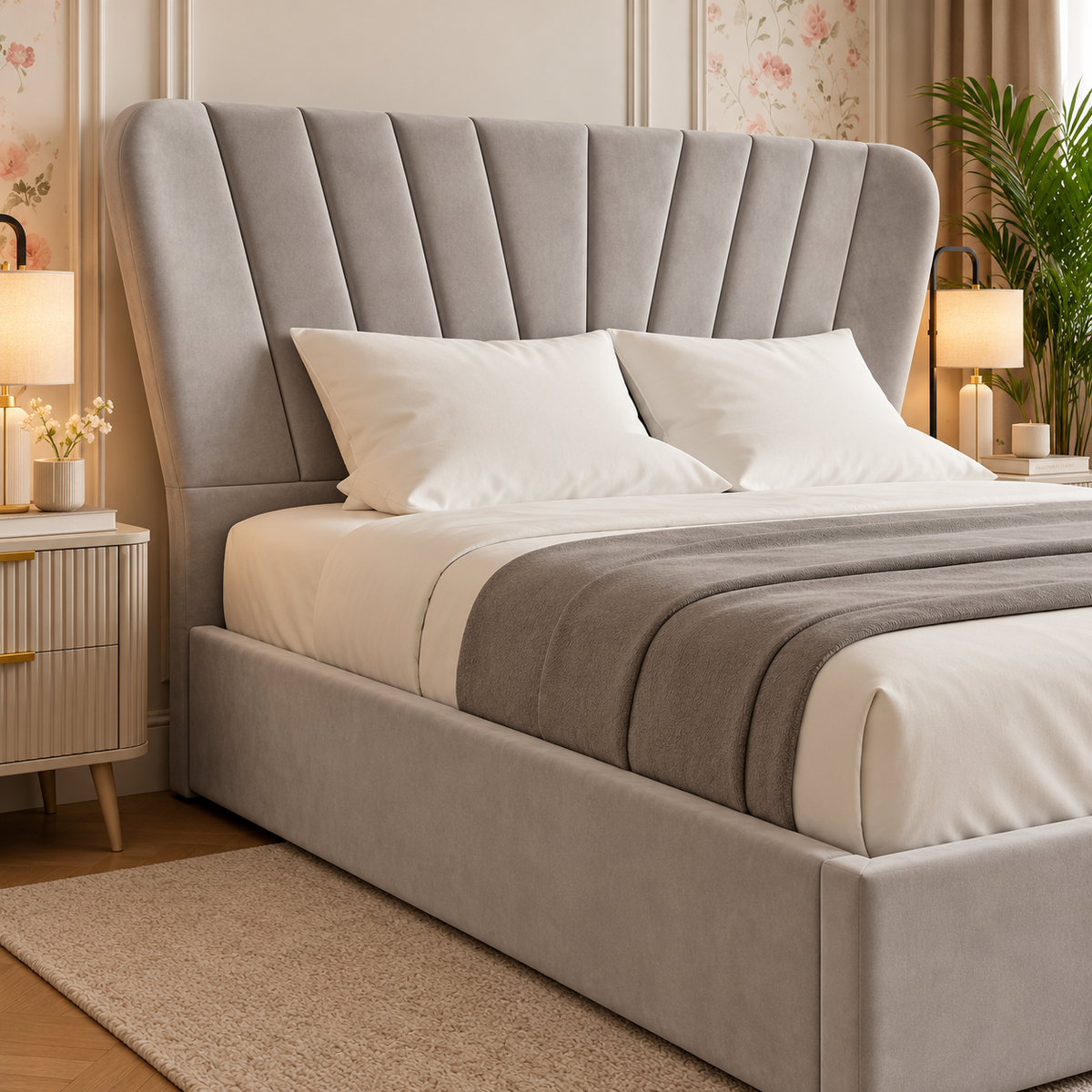 Vienna Contemporary Upholstered Bed, headboard detail – room visualisation
