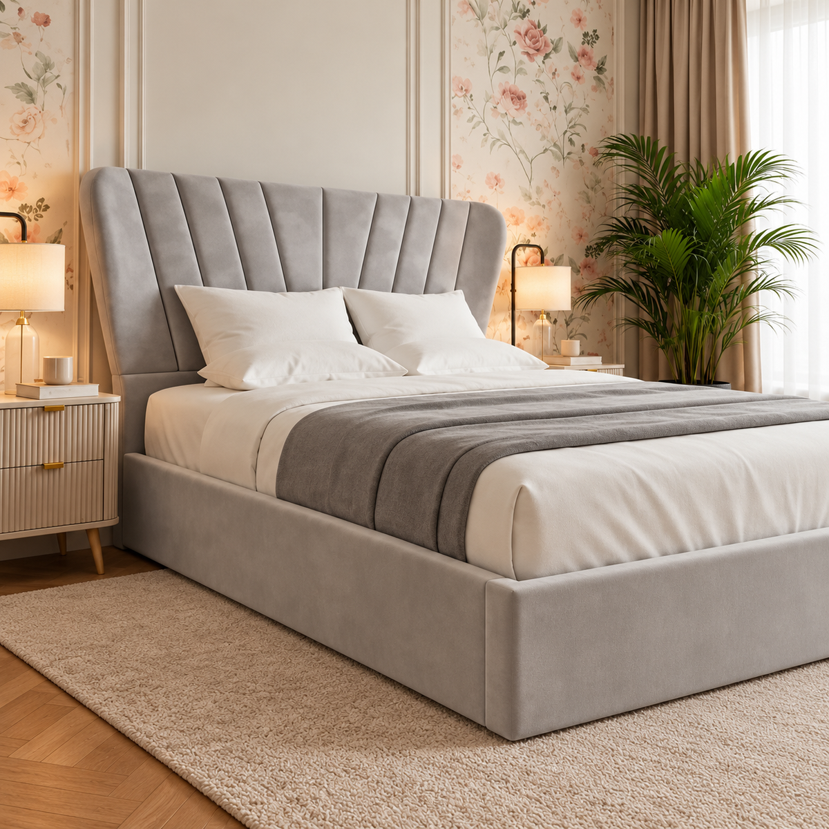Vienna Contemporary Upholstered Bed, footboard and side detail – room visualisation